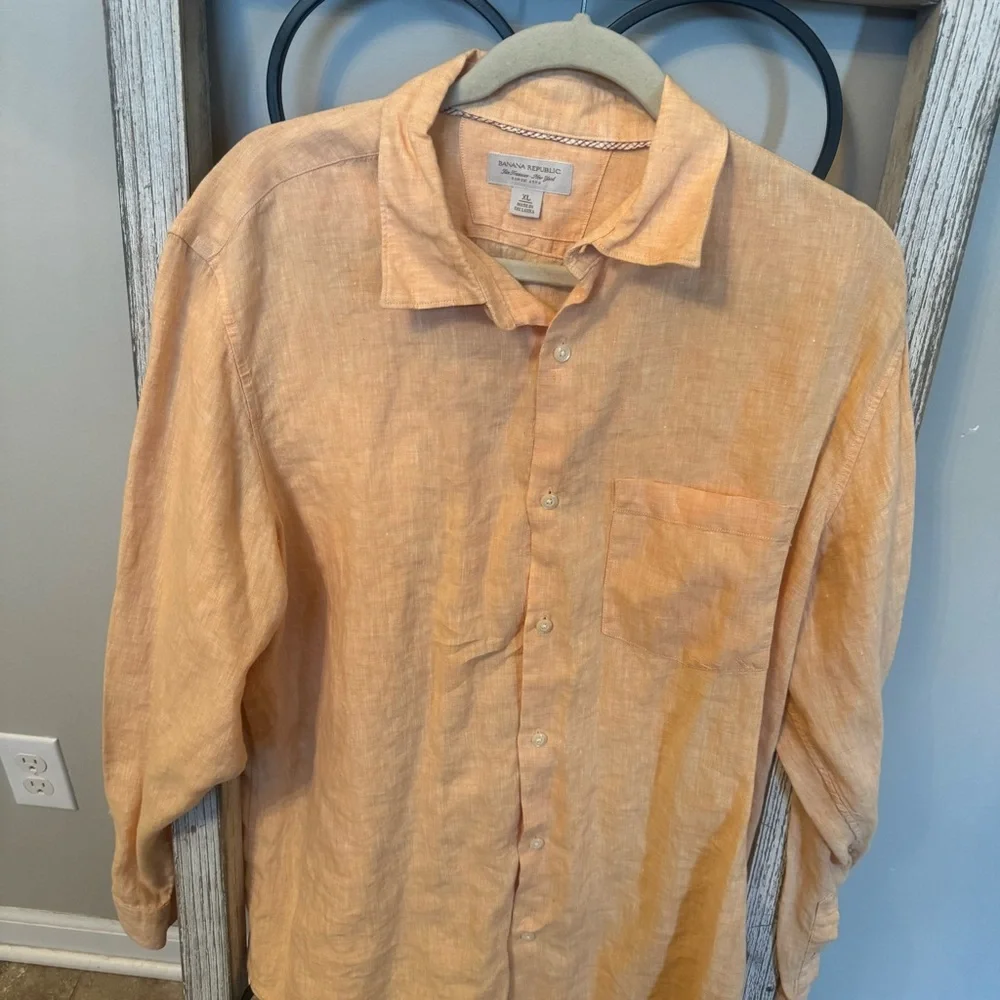 Banana Republic Linen Button Up‎ Shirt Peach Salmon XL Long Sleeve Pocket